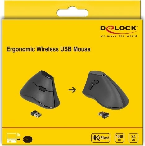 DeLOCK Kabellose ergonomische vertikal optische lautlose 5-Tasten Maus schwarz, USB