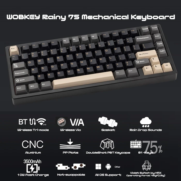Wobkey Rainy 75 Lite, schwarz, HMX Violet Linear, USB/Bluetooth, US