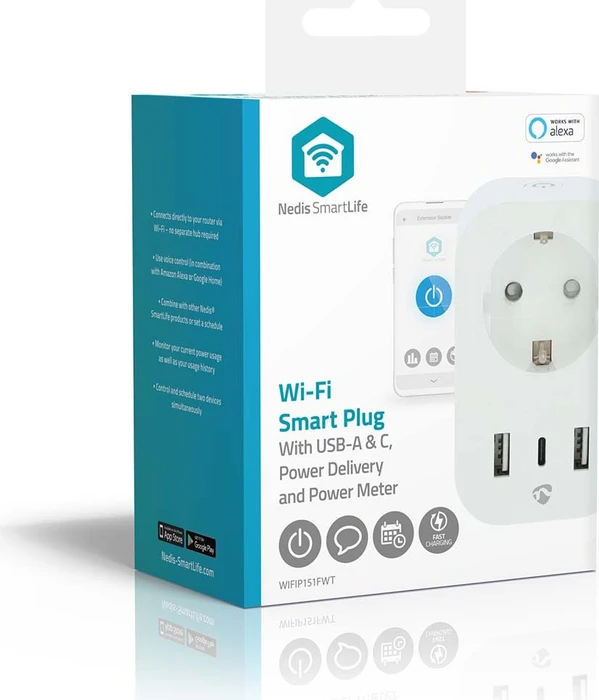 Nedis SmartLife Smart Stecker, 3680W, 1x USB-C/2x USB-A, Typ F, Smart-Steckdose