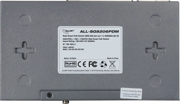 Allnet SG82 Desktop Gigabit Smart Switch, 6x RJ-45, 60W PoE++ PD