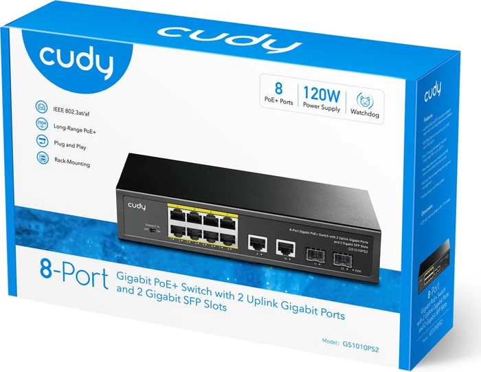 Cudy GS20 Rackmount Gigabit Switch, 10x RJ-45, 2x SFP, 120W PoE+