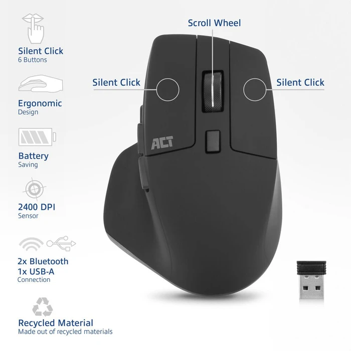 Act Wireless Multi-Connect Mouse 2400dpi, schwarz, USB/Bluetooth