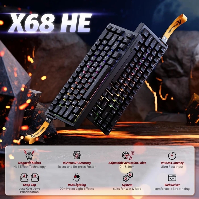 Attack Shark X68 HE Rapid Trigger Keyboard, schwarz, LEDs RGB, Outemu White Jade Magnetic, USB, US