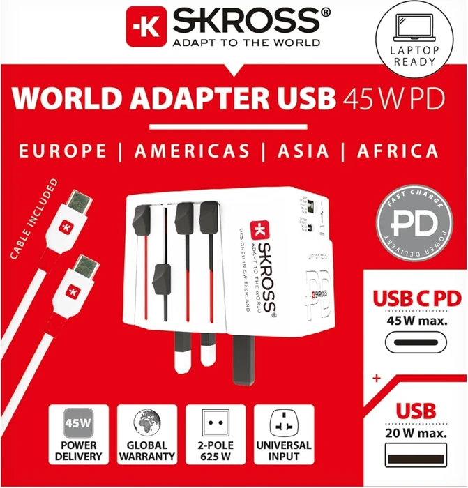Skross World Travel Adapter MUV USB AC45PD, 1x USB-A, 1x USB-C, mit USB-C Kabel, weiß (1.302975)