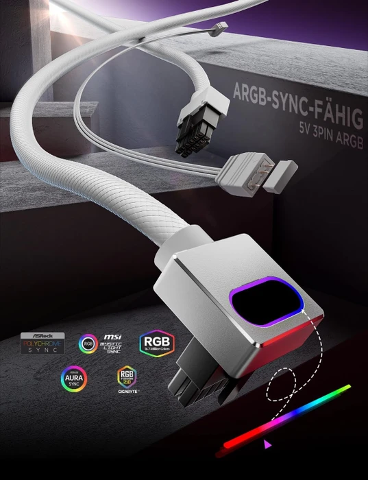 AsiaHorse Hydrus 12VHPWR, 12VHPWR Kabel, 1x 16-Pin PCIe 5.0 Stecker auf 16-Pin PCIe 5.0 Stecker, 90° gewinkelt, Typ B, Clip oben, RGB beleuchtet, weiß, 50cm