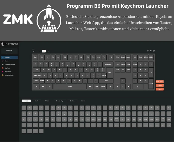 Keychron B6 Pro Ultra-Slim Wireless, Space Gray, USB/Bluetooth, DE