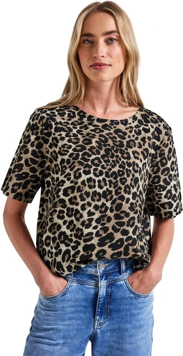 Street One Leinenmix Print-Blusenshirt T-Shirt kurzarm schwarz (Damen)