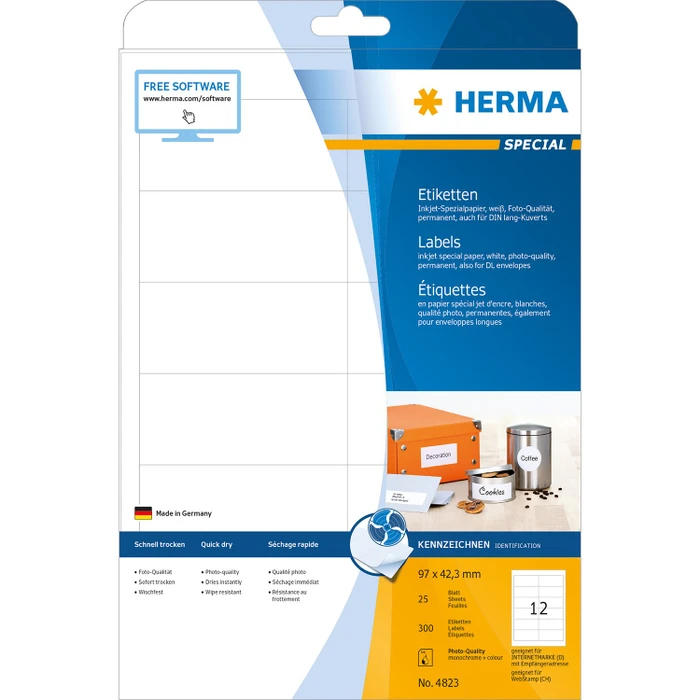 Herma Adressetiketten Inkjet, 97x42.3mm, weiß, matt, 25 Blatt (300 Etiketten)