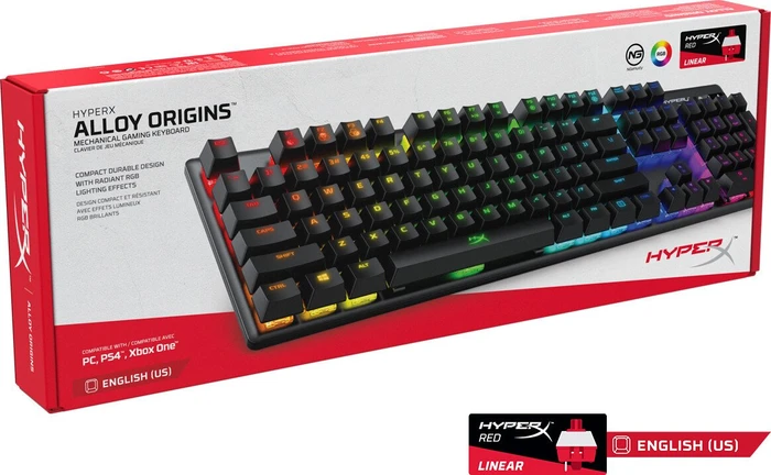 HP HyperX Alloy Origins, LEDs RGB, HyperX RED, USB, US