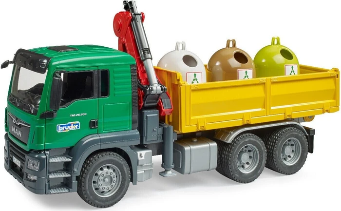Bruder Profi-Serie MAN TGS Kran LKW mit 3 Altglascontainer + Flaschen