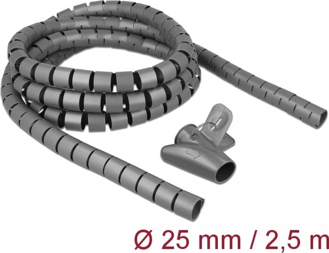 DeLOCK Spiralschlauch Kabelkanal mit Einziehwerkzeug, 25mm, 2.5m, grau