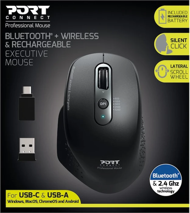 Port Designs Wireless Rechargeable Office Executive Mouse, USB/Bluetooth
