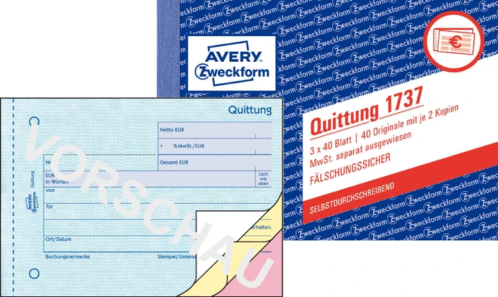 Avery Zweckform Formularbuch "Quittung, MwSt. separat mit Netto-Brutto" - 3-fach gelb, 14.8x10.5 cm