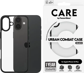 PanzerGlass Care Flagship Case Urban Combat Black Frame für Apple iPhone 16 Plus transparent