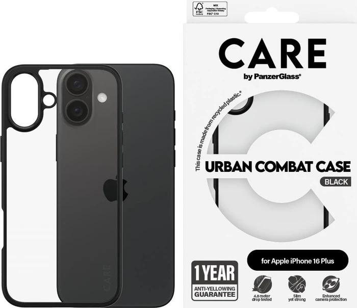 PanzerGlass Care Flagship Case Urban Combat Black Frame für Apple iPhone 16 Plus transparent