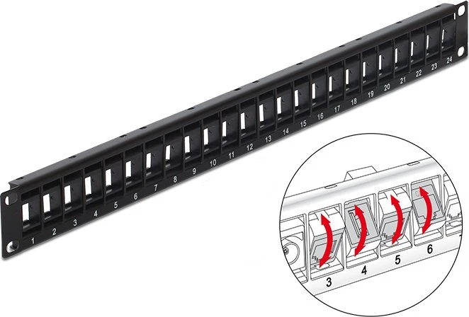 DeLOCK Patchpanel für Keystone Module 19", 24-Port, drehbar, 1HE, 19", 1HE, schwarz