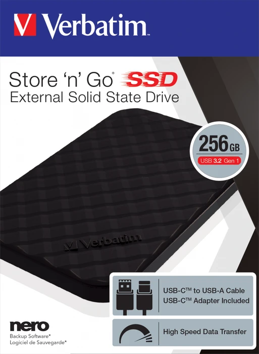 Verbatim Store 'n' Go Portable SSD, 256GB, USB-C 3.0