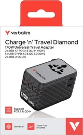 Verbatim Charge 'n' Travel GaN III Universal-Reiseadapter 170W grau/schwarz