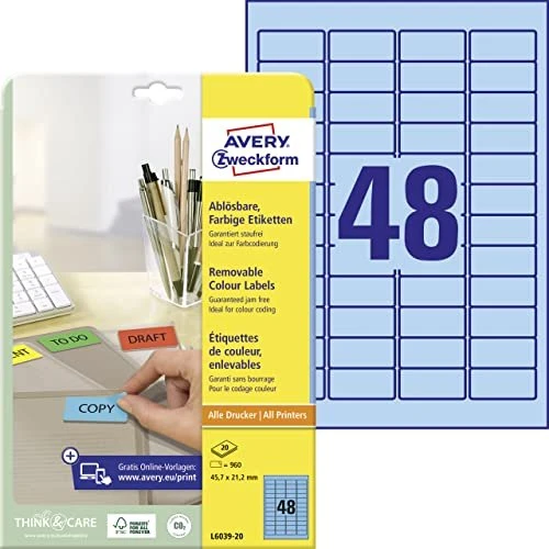 Avery-Zweckform Ordneretiketten, 45.7x21.2mm, ablösbar, blau, 20 Blatt (960 Etiketten)