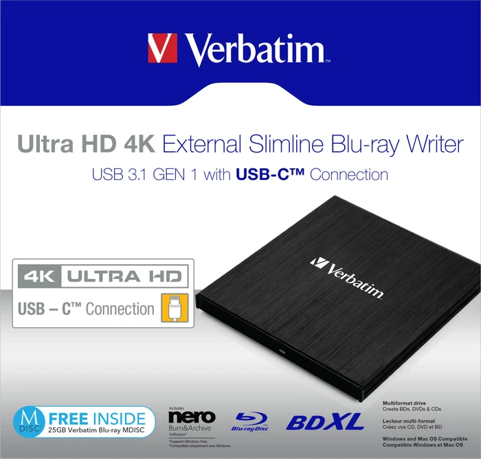 Verbatim Ultra HD 4K External Blu-ray Writer, SlimLine, USB-C 3.0