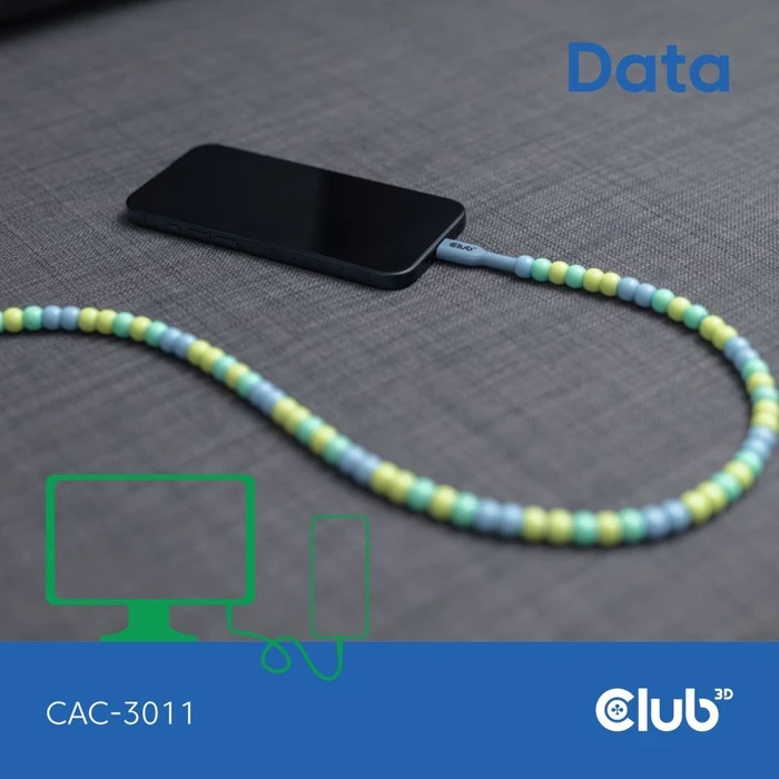 Club 3D USB-C Perlenkabel, 480Mb/s, 60W PD, USB-C 2.0 Stecker auf USB-C 2.0 Stecker, 2m, blau