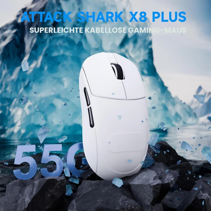Attack Shark X8 Plus Tri-mode Wireless Gaming Mouse, weiß, inkl. Grip Tape & C06 Ultra LED Kabel, USB/Bluetooth