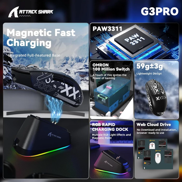 Attack Shark G3Pro Tri-mode Wireless Gaming Mouse mit Ladestation, Black, inkl. Grip Tape, USB/Bluetooth