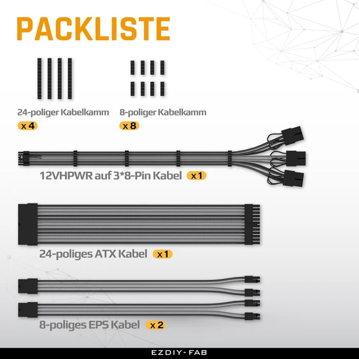 EZDIY-FAB 12VHPWR Cable Kit, 1x 24-Pin, 2x 4/8-Pin ATX, 1x 12VHPWR/3x 8-Pin PCIe, 16AWG, schwarz/grau
