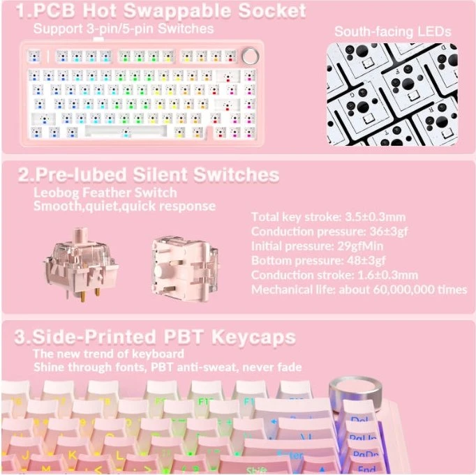 Aula F75 Pro, Pink Translucent Gradient, LEDs RGB, hot-swap, LEOBOG Feather, USB/Bluetooth, US