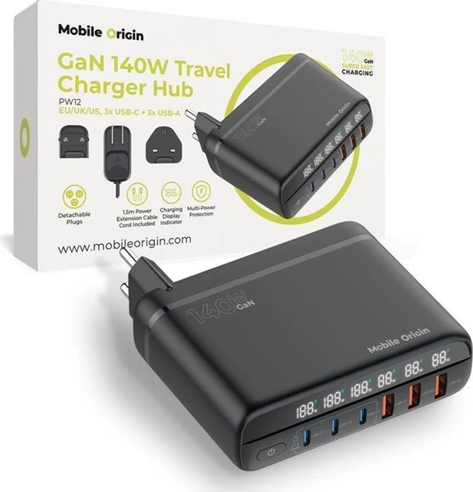 Mobile Origin GaN 140W Travel Charger Hub PW12 schwarz