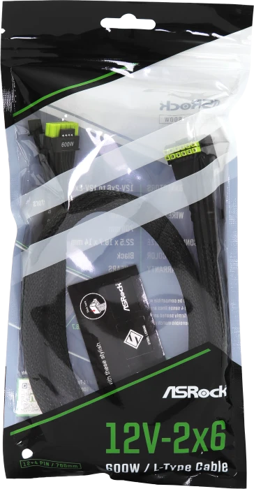 ASRock CB-12V2X6L600W, natives 12V-2x6 Kabel, 1x 16-Pin PCIe 5.1 Stecker auf 16-Pin PCIe 5.1 Stecker, schwarz, 90° gewinkelt, 70cm