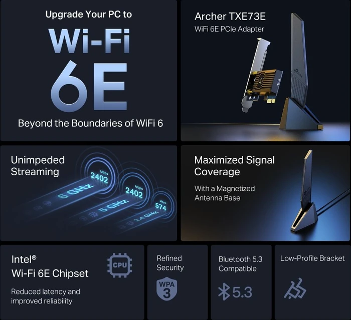 TP-Link Archer TXE73E, AXE5400, 2.4GHz/5GHz/6GHz WLAN, Wi-Fi 6E, Bluetooth 5.3, PCIe x1