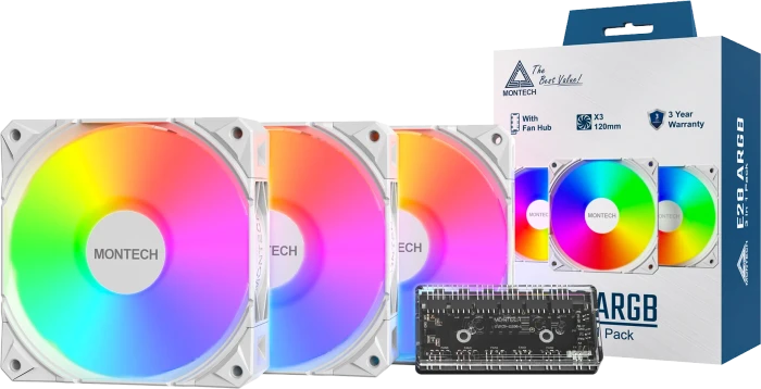 Montech E28 ARGB, weiß, Lüftersteuerung, 120mm, 3er-Pack