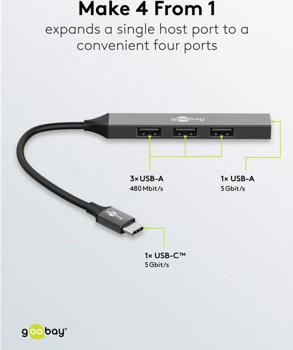 Wentronic goobay Slim 4-Port USB-Hub, 1x USB-A 3.0/3x USB-A 2.0, USB-C 3.0 [Stecker]