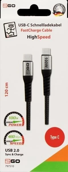 2GO USB Datenkabel High Speed USB Type-C auf USB Type-C 1.2m schwarz/silber