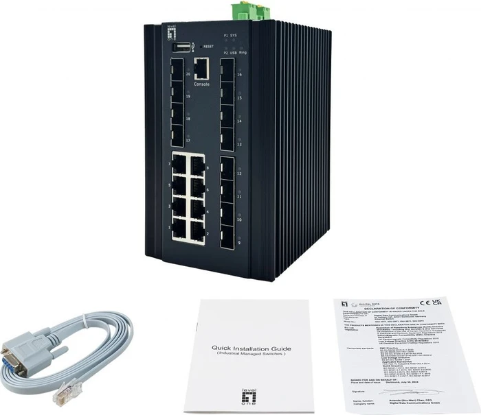 LevelOne IGU Industrial Railmount Gigabit Managed Switch, 12x SFP, 8x RJ-45