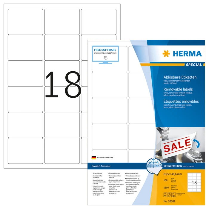 Herma Etiketten, 96x42.3mm, ablösbar, weiß, matt, 100 Blatt (1800 Etiketten)