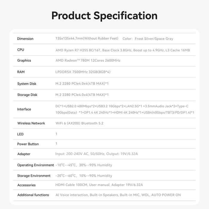 Beelink SER9 Pro, Frost Silver, Ryzen 7 255, 24GB RAM, 500GB SSD