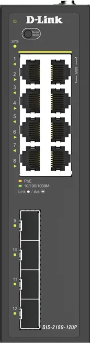 D-Link DIS-210G-12UP Industrial Railmount Gigabit Smart Switch, 8x RJ-45, 4x SFP, 240W PoE++