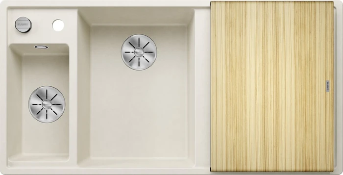 Blanco Axia III 6 S InFino Becken links mit Ablauffernbedienung softweiß inkl. Holzschneidebrett