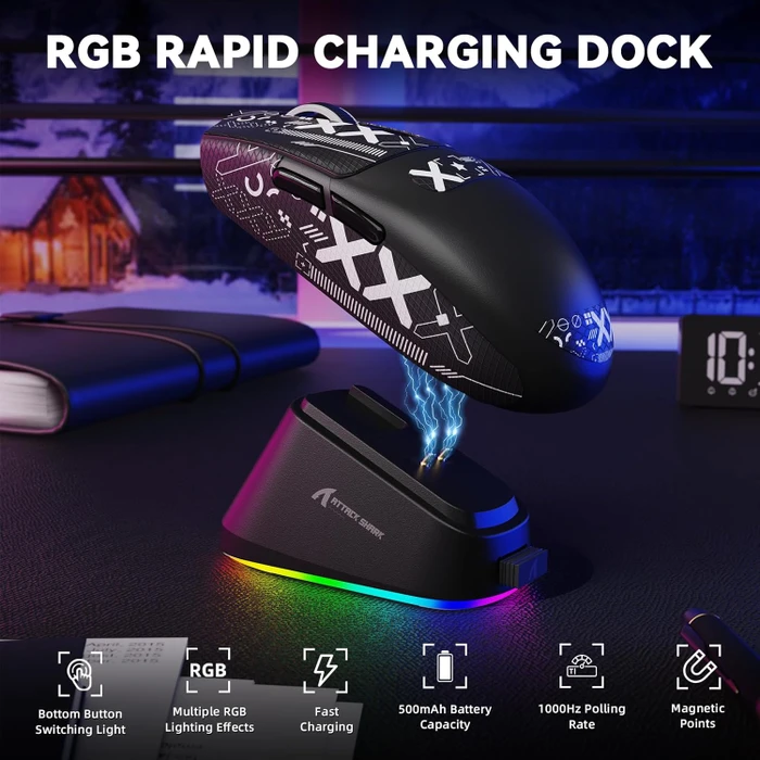 Attack Shark G3Pro Tri-mode Wireless Gaming Mouse mit Ladestation, Black, inkl. Grip Tape, USB/Bluetooth