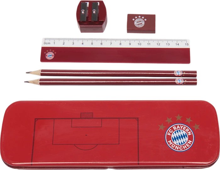 FC Bayern München Schulset Bleistift HB graphit, Metalletui, Radierer, Anspitzer, Lineal, 6er-Set (28332)
