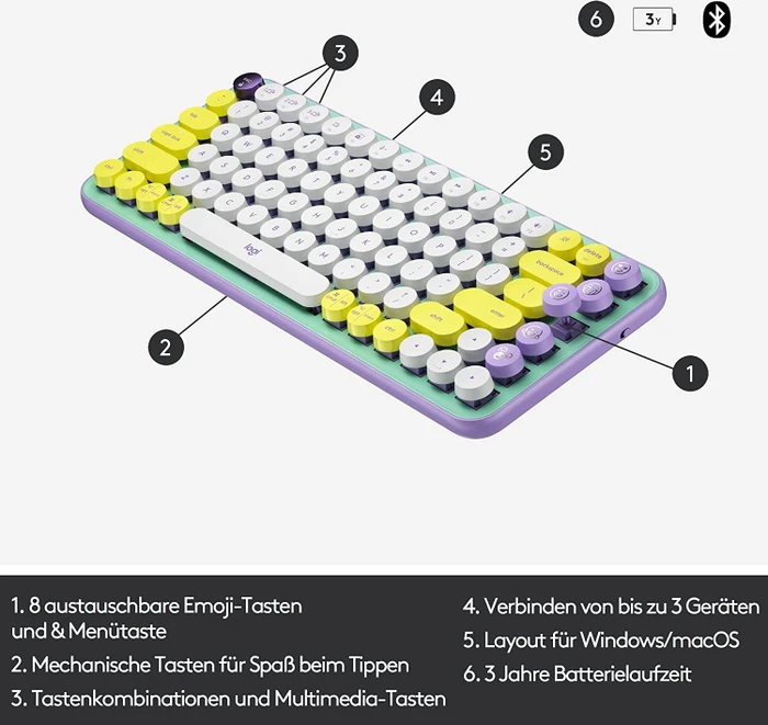 Logitech POP Keys Wireless Mechanical Keyboard, Logi Bolt, Daydream, TTC BROWN, USB/Bluetooth, DE