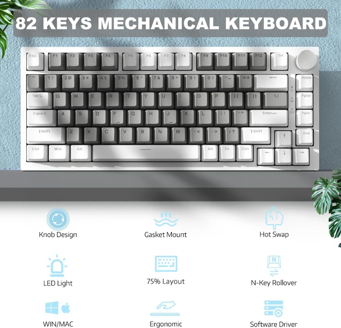 Ajazz AK820, White & Grey, LEDs weiß, hot-swap, AS YELLOW, USB, US