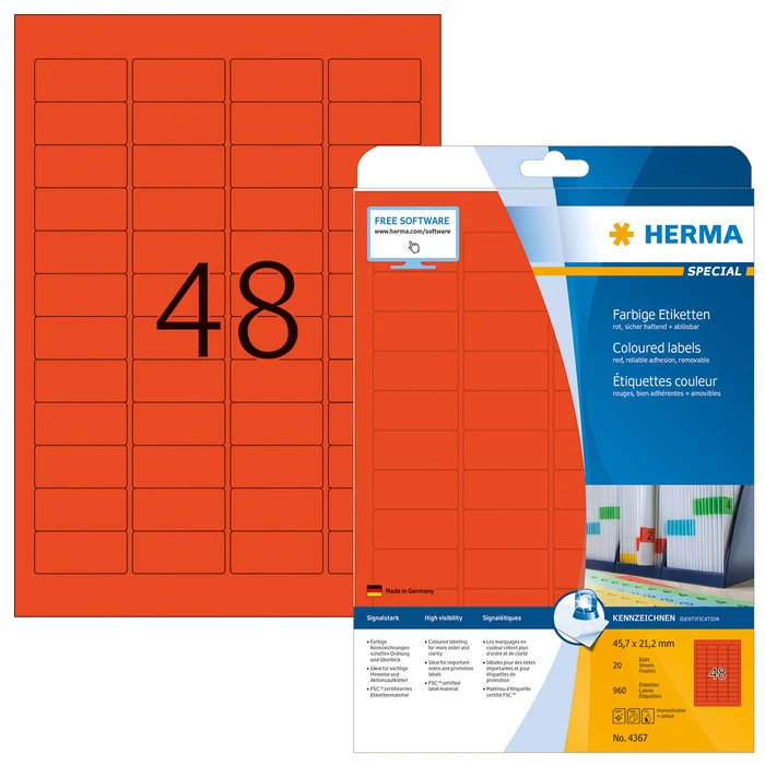 Herma Etiketten, 45.7x21.2mm, ablösbar, rot, 20 Blatt (480 Etiketten)