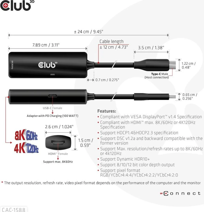 Club 3D USB-C [Stecker] auf HDMI 2.1 [Buchse], 4K120Hz HDR10 with DSC 1.2 Active Adapter M/F
