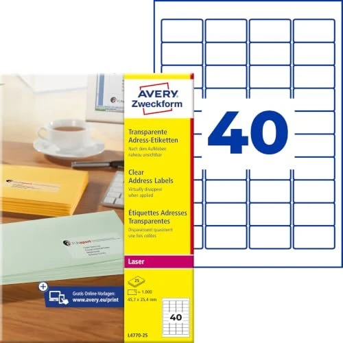 Avery-Zweckform Adressetiketten, 45.7x25.4mm, transparent, 25 Blatt (1000 Etiketten)