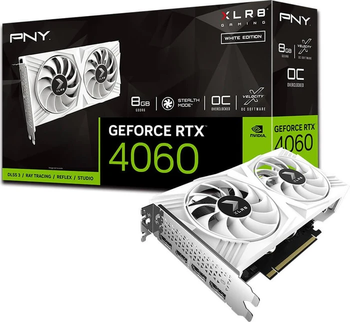 PNY GeForce RTX 4060 XLR8 Gaming Verto Overclocked White Edition, 8GB GDDR6, HDMI, 3x DP
