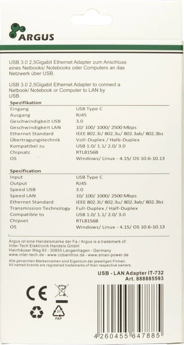 Inter-Tech Argus IT-732 LAN-Adapter, RJ-45, USB-C 3.0 [Stecker]