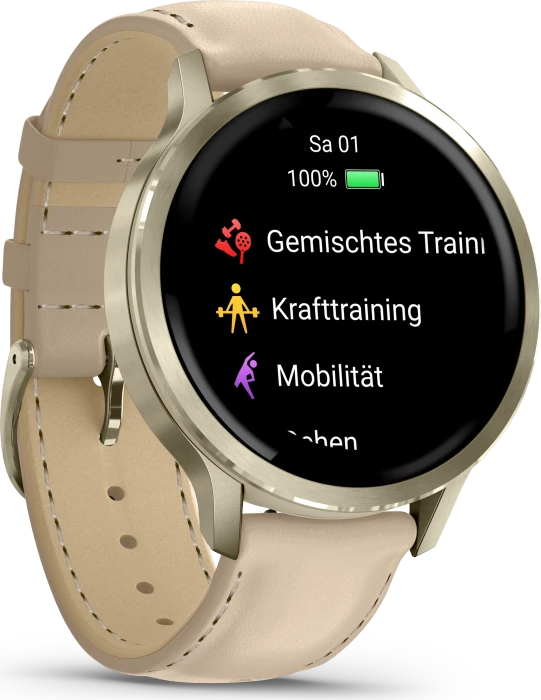 Garmin Venu 4S lunar gold/bone/light sand leather